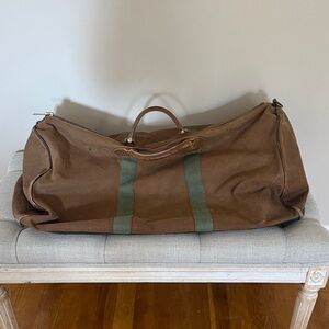 Vintage LL Bean Brown Canvas Weekender Duffel Bag with Green Straps